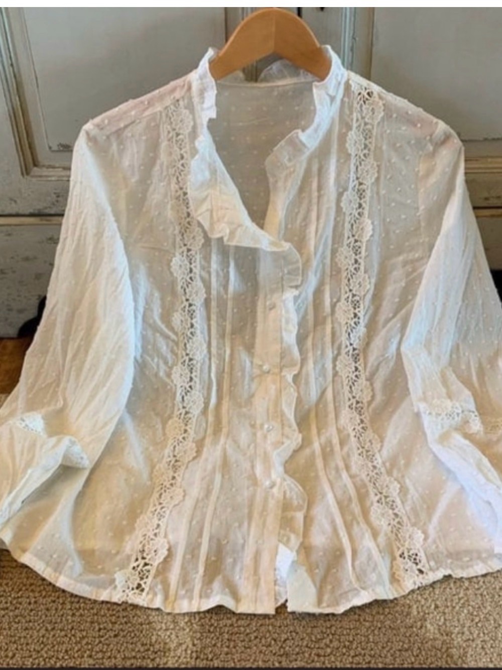 New Swiss Dot Cotton Lace Long Sleeve Button Front Romantic Blouse Top Boho NWT